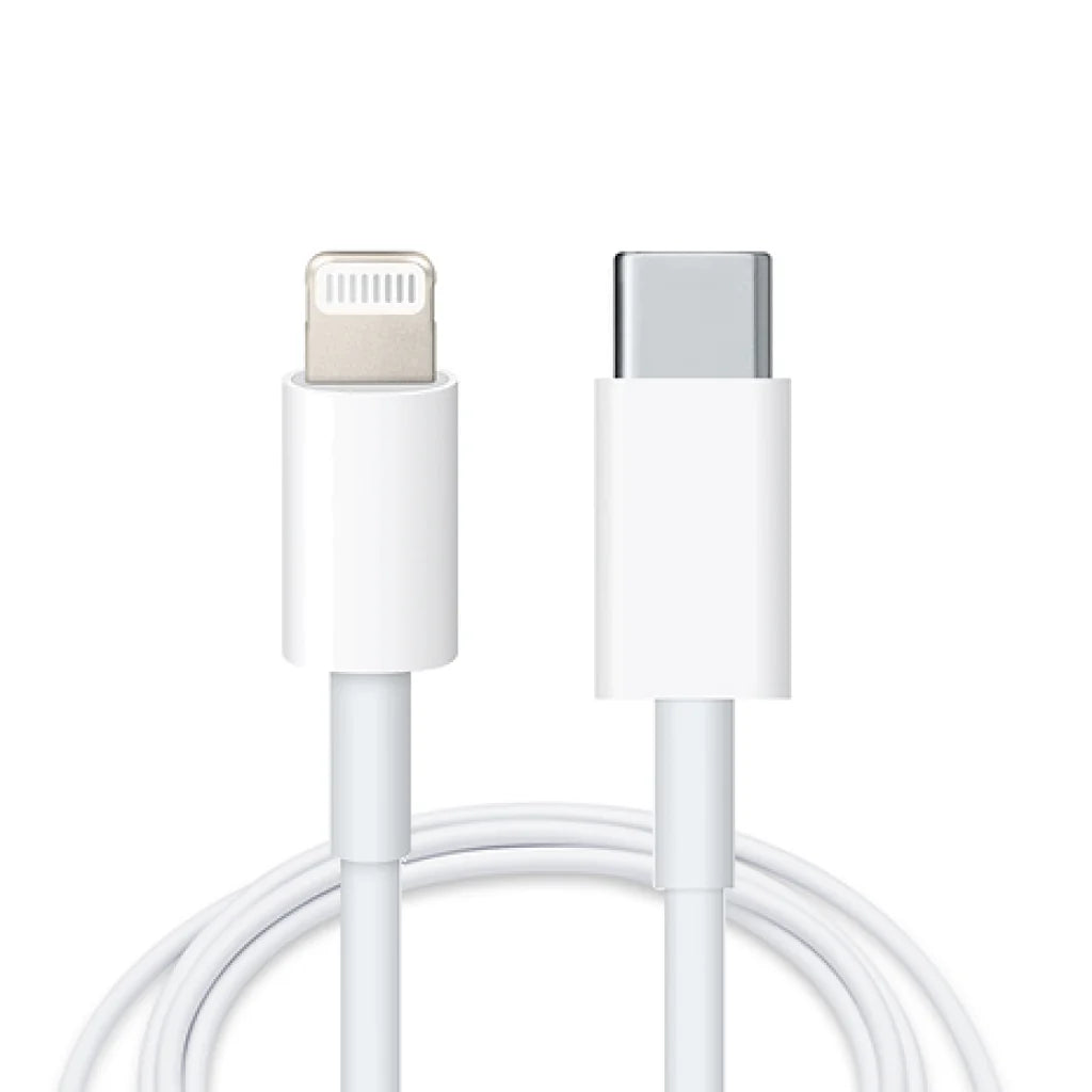 White USB-C to Lightning cable on a white background