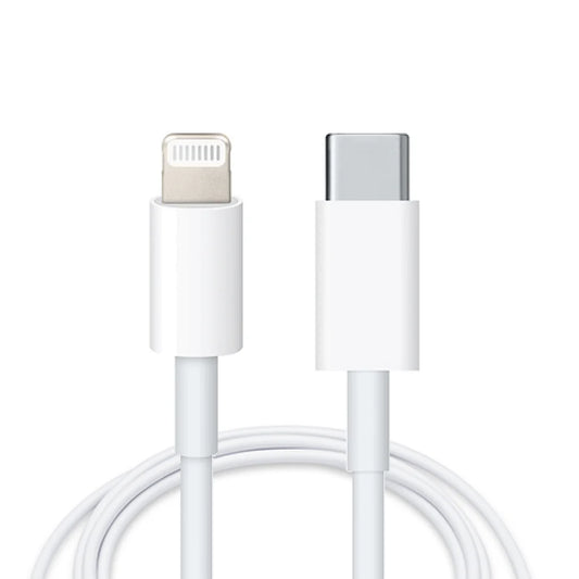White USB-C to Lightning cable on a white background